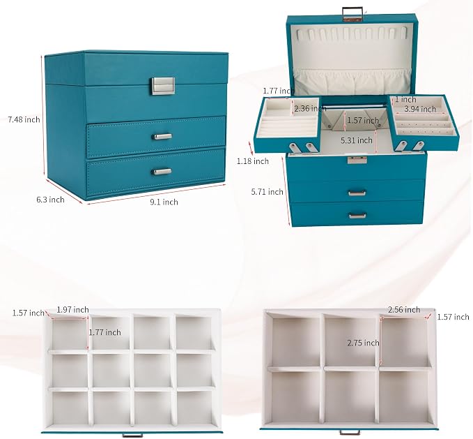 Dajasan Jewelry Box Organizer, Jewelry Holder Organizer Box, 4 Layers Leather Jewelry Storage Box, Gift Idea for Women, Girlfriends, Wife or Mother (Blue) - Image 3