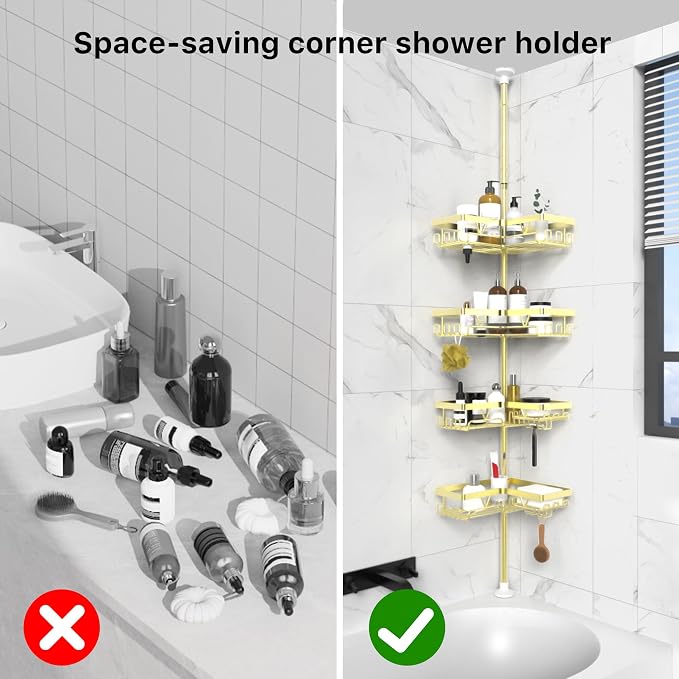 KEGII Corner Gold Shower Caddy Tension Pole - 4-Tier Rustproof Shower Rod Organizer, Floor to Ceiling Tension Rod 25-114.2 inch, Stainless Steel Corner Shower Shelf, Waterproof - Image 6