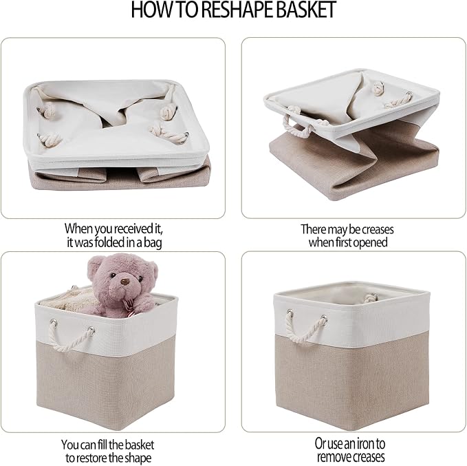MidmmVick 11 x 11 Inch Cube Storage Bins, 6 Pack Large Collapsible Fabric Storage Bin with Ropes, Foldable Storage Cubes for Home, Office,Closet, Clothes, Toys Organizer (White & Beige-11"x11"x11") - Image 4