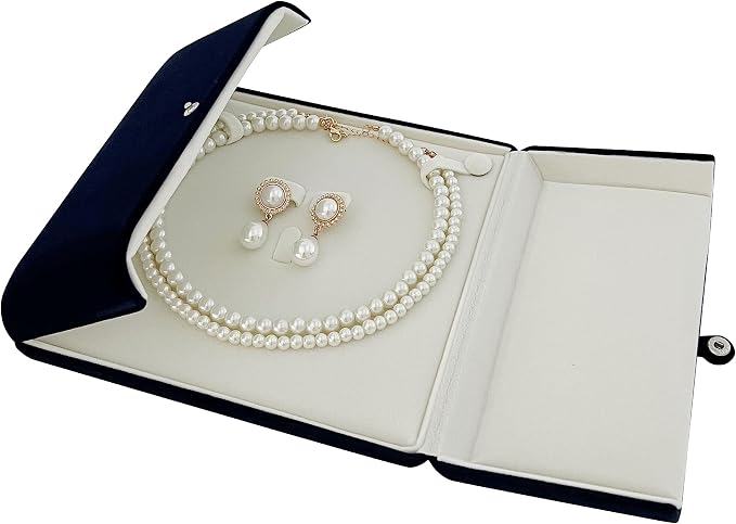 Navy Blue Velvet Jewelry Box for Large Necklace and Earrings Set Luxury Presentation Case for Pearl Strand Necklaces, Statement Jewelry, Button Clip Closure, Arc, Cream Velvet Interior, Gift Box - Image 2