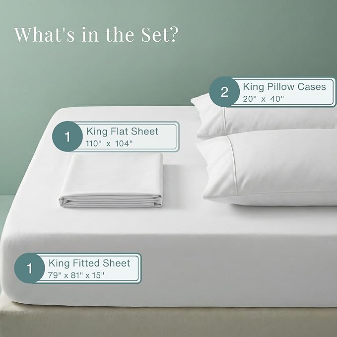 100% Egyptian Cotton Sheets King Size Sheets Set with Fully Elasticated 15" Deep Fitted Sheet & Pillowcase Sets, 800TC Sateen Weave Hotel Collection King Sheet Set, Soft Luxury White Bedding
