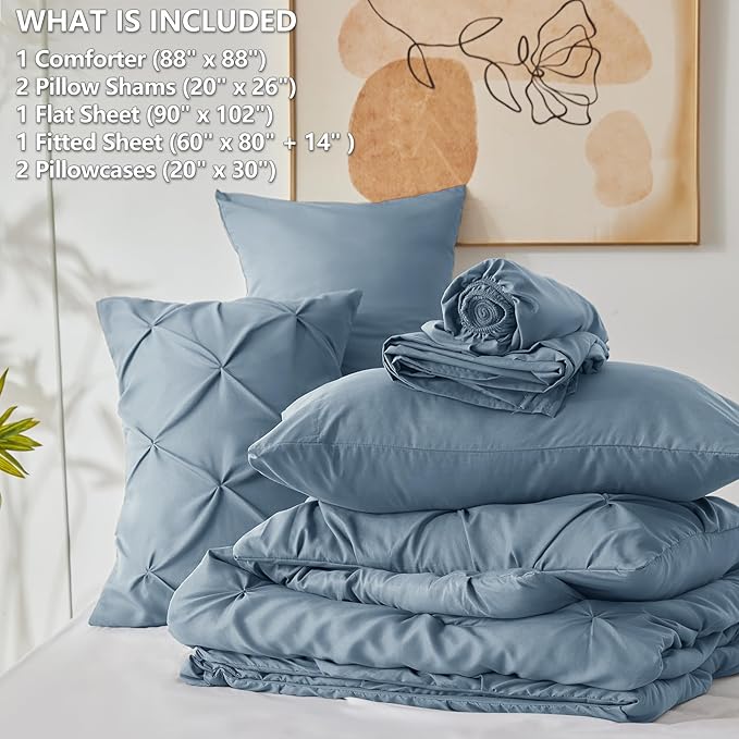 CozyLux Queen Comforter Set Mineral Blue, 7 Pieces Pintuck Bed in A Bag, Premium Blue Comforter Queen Size, Pinch Pleat Bedding Sets with Comforter, Flat Sheet, Fitted Sheet, Pillowcases & Shams