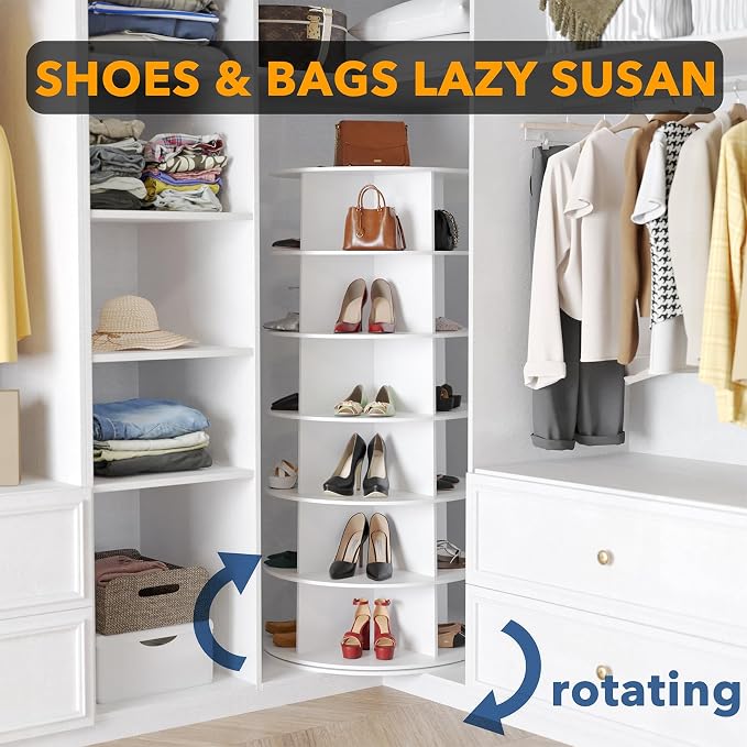 SpaceAid 6 Tier Rotating Shoe Rack Tower, Spinning Shoe Display Lazy Susan, Revolving 360 Shoe Rack Storage Round Carousel, Vertical Handbag Rotate Shoes Closet Organization (6-Tier White) - Image 4