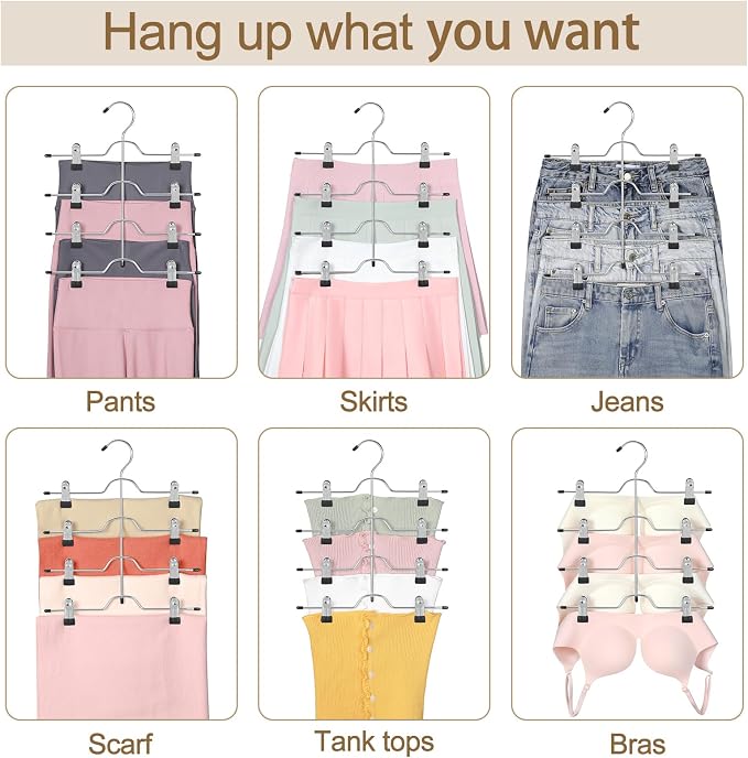 TOPIA HANGER 4 Tier Metal Skirt Hangers for Women, Pants Hanger Space Saving with Adjustable Clips, Gain 70% More Space, Non Slip Grip for Slacks, Trousers, Shorts, Jeans, Towels, Black, 2-Pack, CT20B - Image 6