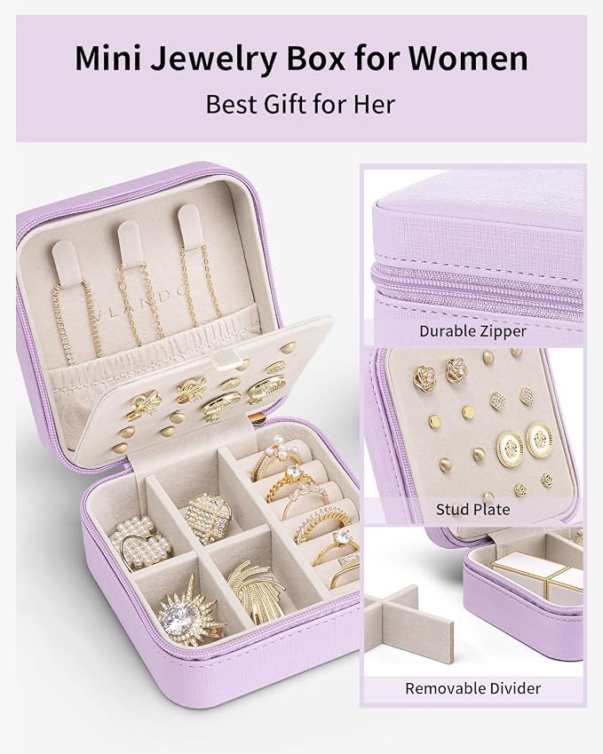 VLANDO Travel Jewelry Case, Small Travel Jewelry Organizer Box for Girls Women - Purple - Image 2