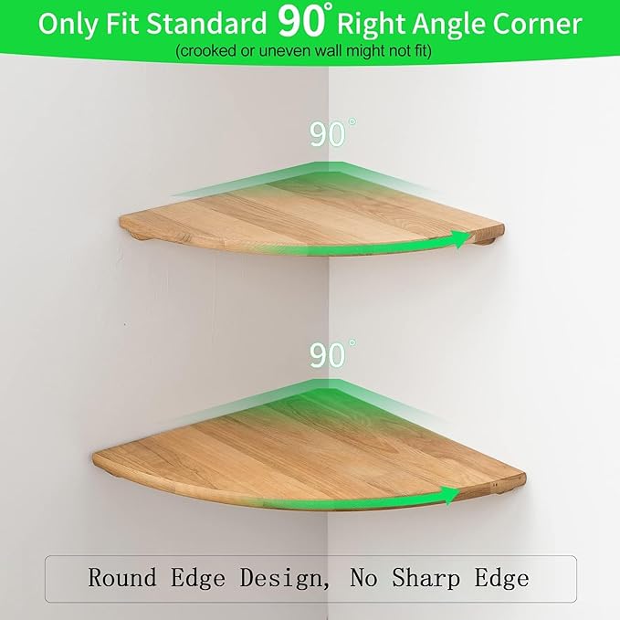 Corner Shelves, Floating Corner Shelf, Set of 2 Solid Oak Wood Wall Shelves, Round End Wall Mount with Wire Hole Shelving for Small Plant for Bedroom Kitchen, Living Room 8.7“ - Image 2