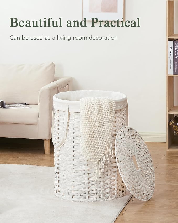SETVSON Laundry Basket with Lid Round Rattan Laundry Hamper with Lid and Handles 29.1 Gal (110 L) Handwoven Woven Basket with Removable Bags and 2 Mesh Bags for Bathroom Living Room White - Image 7