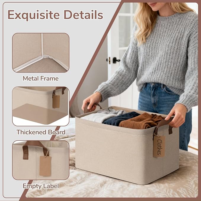 CHICVITA 4 Pack Large Storage Baskets for Shelves, Collapsible Towels Organizer Bins with Metal Frame, Closet Organizers and Storage Basket for Toys, Blankets, 16.8" x 11" x 9.8", Brown - Image 5