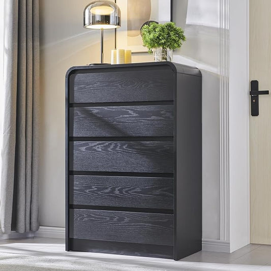 Aitjunz Modern 5 Drawers Dresser for Bedroom, 45" Tall Dressers & Chests of Drawers w/Curved Profile Design, Wood Mid Century Vertical Dresser w/Natural Texture for Bedroom, Living Room, Black
