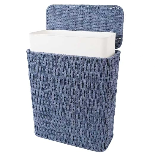 Coeusy 3 Gallon Paper Rope Bathroom Trash Can,Small Wicker Trash Cans with Lid and Liner,Woven Rattan Narrow Waste Basket for Bedroom,Office,Blue by WEAVECOMFORTINTOEVERYCORNER