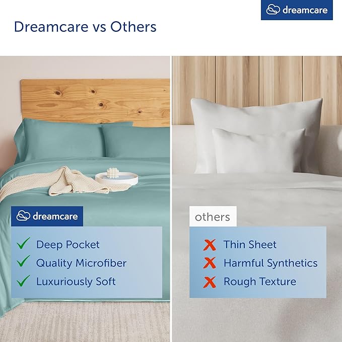 DREAMCARE Queen Sheet Set - 6 pcs Breathable Cooling Bed Sheets - up to 21" Extra Deep Pocket Queen Sheets Set with Side Pockets - Extra Soft 100% Brushed Hypoallergenic Hotel Luxury Bedding -Spa Blue