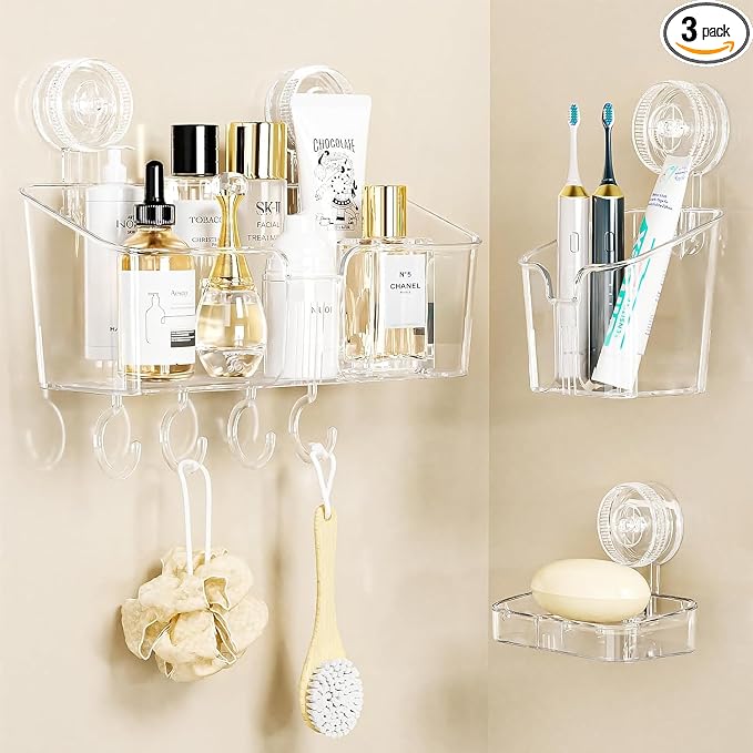 LUXEAR Suction Cup Shower Caddy Clear - Shower Caddy+Soap Dish+Toothbrush Holder - 1 Second Installation NO-Drilling Removable Powerful Waterproof Shower Organizer for inside Shower Bathroom by Luxear
