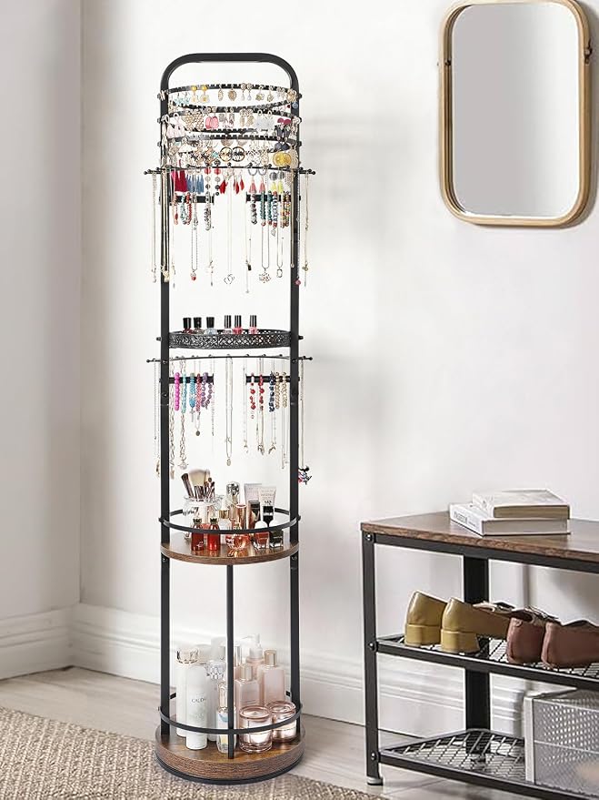 Jewelry Holder Organizer, Floor Jewelry Organizer with Earring Organizer Necklace Holder, Rotating Jewelry Stand Necklace Display Earring Storage, Large Hanging Jewelry Tree for Jewlery Bracelet Ring - Image 9