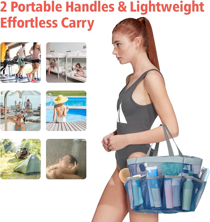 F-color Mesh Shower Caddy Portable - 2 Handles Upgrade Deeper 7 Pockets Basket Bag Tote for College Dorm Room Toiletry Bathroom Essentials Gym Camp Quick Dry with S Hook, 2 Pack Blue - Image 4