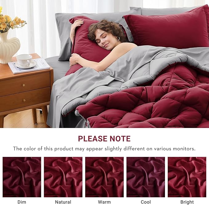 MUXHOMO 7 Pieces Queen Comforter Set, Reversible Bed in a Bag Queen Size, All Season Bedding Set with Comforter, Flat Sheet, Fitted Sheet, Pillowcases & Shams, Burgundy & Grey