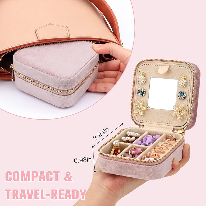 DesignSter Travel Jewelry Box - Velvet Mini Jewelry Organizer, Small Jewelry Case for Girls Women, Jewelry Storage Box for Rings Earrings Necklace (Square, Lotus Pink) - Image 2