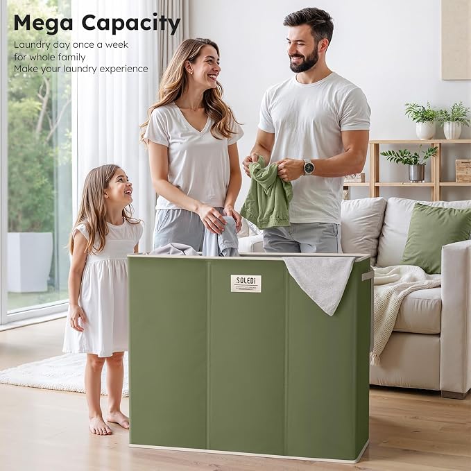 SOLEDI 180L 3-Section Laundry Hamper with Lid, Extra Large Dirty Clothes Basket with Sturdy Handles for Laundry Room & Bedroom - Durable Organizer for Sorting Laundry - Image 2