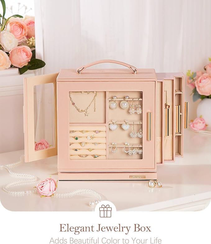 Homde Jewelry Box 360° Rotating, Necklace Earring Organizer with Transparent Window, Mirror, 7 Drawers, Large Ring Display Storage Case for Girls Women (Peach Pink) - Image 8