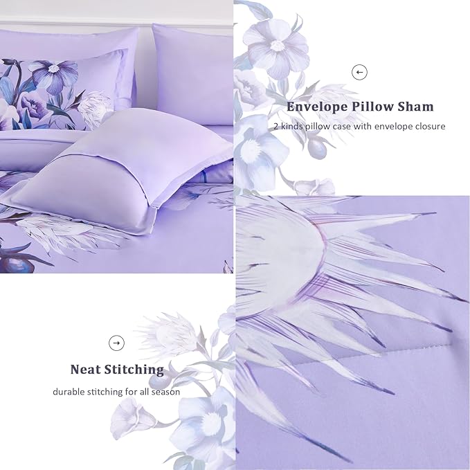 Luxudecor Lavender Purple Floral Comforter Set Queen Size 7 Piece, Flower Bed in a Bag, Elegant Comforter with Sheet Set, Soft Microfiber Bedding Set for All Season (Lavender, 90"x90")