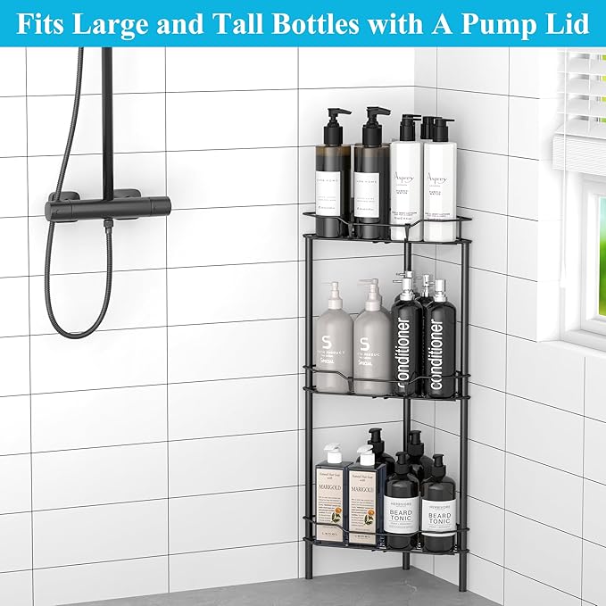 HuggieGems 3 Tier Floor Standing Corner Shower Caddy Organizer Shelf with Hooks, Bathroom Shelves Stand Rack, Black - Image 4