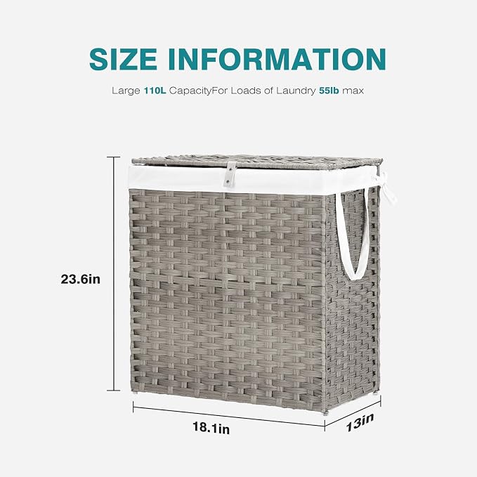 DUMOS Wicker Laundry Basket with Lid, 110L Woven Laundry Hamper with Handles, Foldable Rattan Clothes Hamper with Removable Liner & Sturdy Steel Frame, Dove Gray - Image 9
