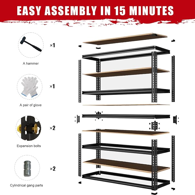 Garage Storage Shelves 2PCS, 60'' H Shelving Units and Storage, 2400 LBS Heavy Duty Shelving, Metal Garage Shelves for for Basement, Warehouse, Pantry, Closet, Kitchen 12" x 28'' x 60'' - Image 7