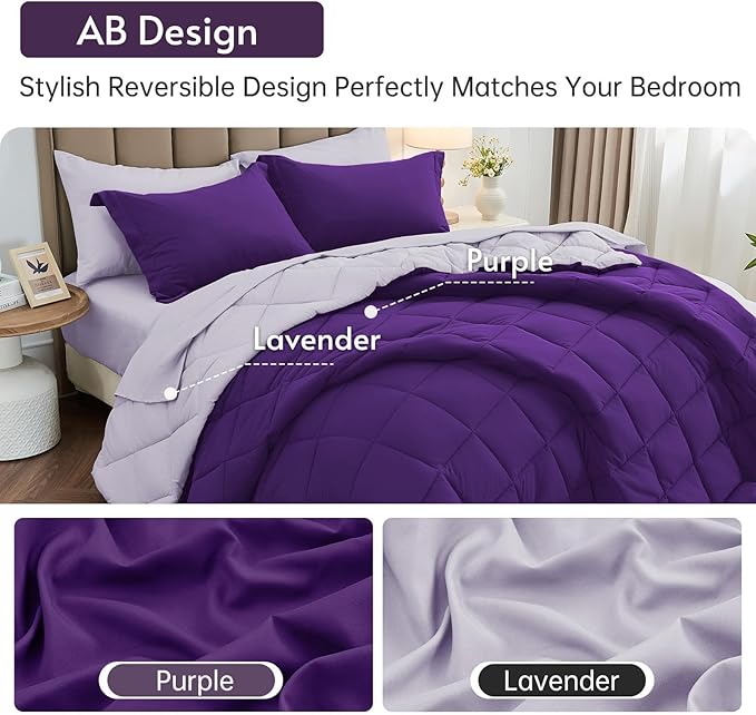 MUXHOMO 7 Pieces Queen Comforter Set, Reversible Bed in a Bag Queen Size, All Season Bedding Set with Comforter, Flat Sheet, Fitted Sheet, Pillowcases & Shams, Purple & Lavender