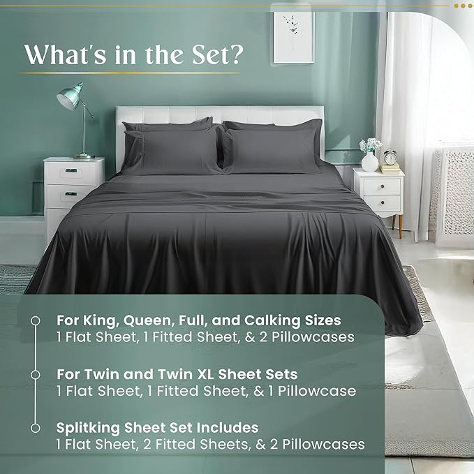 Egyptian Cotton Sheets Queen Size 800 Thread Count, 100% Cotton Queen Sheet Set — Deep Pocket Fitted 15", Sateen Weave, No Pill, Soft Cooling Charcoal 4 Piece Sateen Bed Set, OEKO-TEX Certified