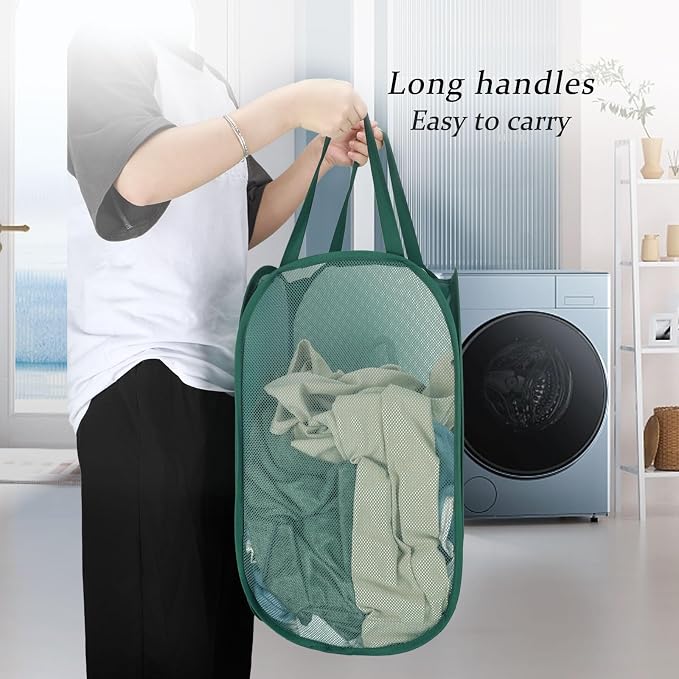 Upgraded 100L Extra Large Mesh Pop Up Laundry Basket With Handles, Light Breathable, Fold Compact, Large Hold Portable Foldable Dirty Clothes Basket For Bedroom, Laundry Room, Dorm, Hotel, Green.V - Image 6