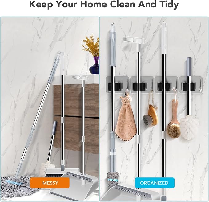 homeasy Mop Broom Holder No Drill, Mop Broom Organizer Wall Mounted Heavy Duty with Hooks Hanger, Self Adhesive Stainless Steel 4Pcs for Bathroom, Kitchen, Office (Multicolor) - Image 3