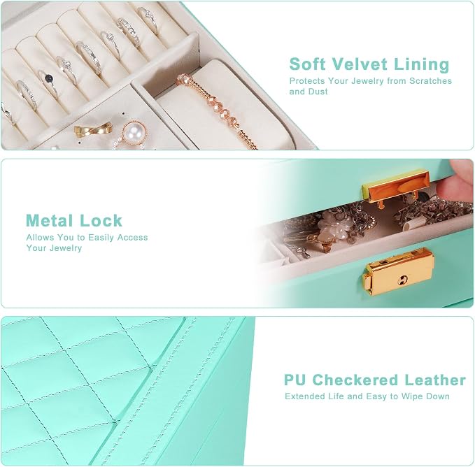 GUOER Jewelry Box for Women Girl Wife - Large PU Leather Jewelry Organizer Storage Case with Two Layers Display for Earrings Bracelets Rings Watches (Teal) - Image 4