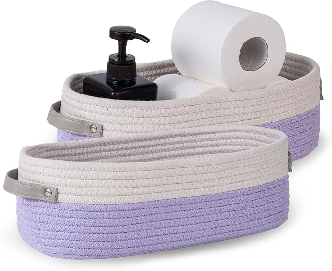 2 Pack Small Cotton Rope Woven Basket Toilet Paper Baskets for Organizing Decorative Baskets for Boho Decor Small Storage Basket 13"x5.9"x4" Purple by Oradrem