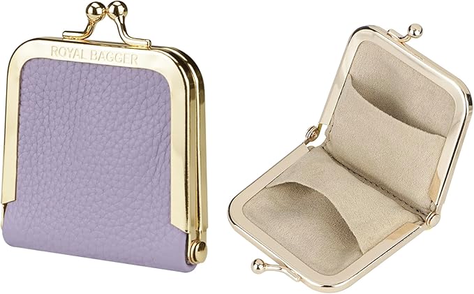 Royal Bagger Genuine Cow Leather Ultra-Slim Mini Jewelry Box, Ring & Necklace Storage, Slim Coin Purse with Kiss Lock for Women 3120 (Light Purple) by ROYALBAGGER