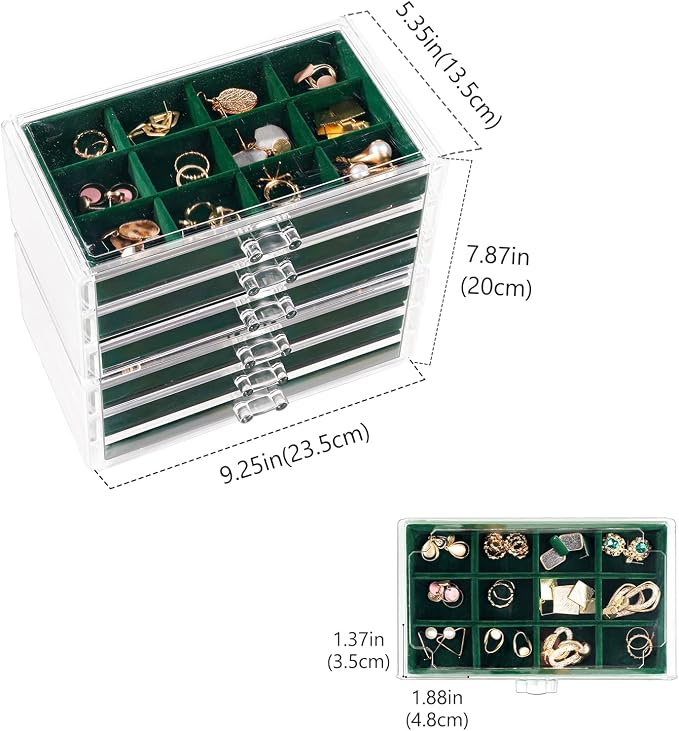 Lolalet Earring Holder Organizer Box Jewelry Storage with 6 Drawers, Clear Acrylic Stackable Earring Case with Adjustable Velvet Trays for Women on Dresser Vanity -Emerald, 6 Layers - Image 4