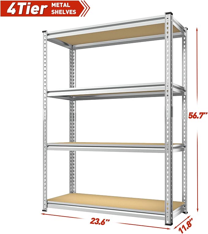 REIBII Storage Shelves Adjustable Metal Shelving 1600LBS Garage Shelves Industrial Metal Shelves 4 Tier Garage Shelving for Pantry Closet Kitchen Basement, Sliver, 11.8" D x 23.6" W x 56.7" H - Image 6