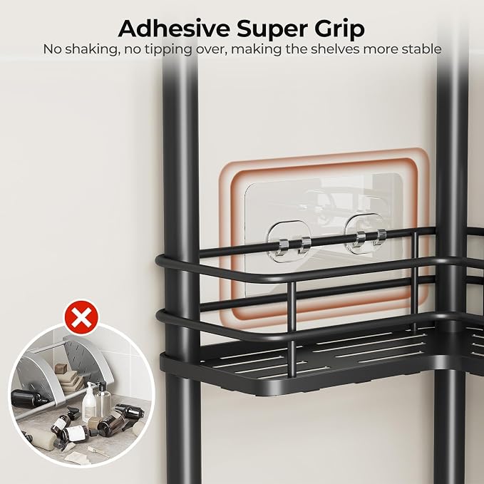 Orimade Rustproof 4 Tier Floor Standing Corner Shower Caddy Organizer with Toothbrush Holder, Large Spacing Floor Shower Shelf Rack Storage Stands with Hooks for Bathroom Kitchen, Black - Image 5