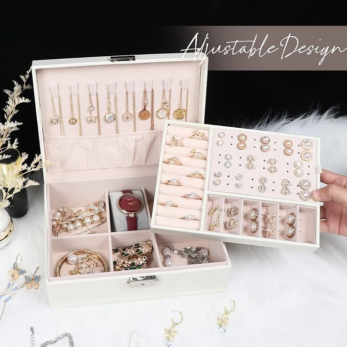 Jewelry Box for Women Girls, 2 Layers Jewelry Organizer Container with Lock, PU Leather Storage Case with Removable Tray, Jewelry Display Box for Necklaces Earrings Bracelets Rings Watches - White - Image 5