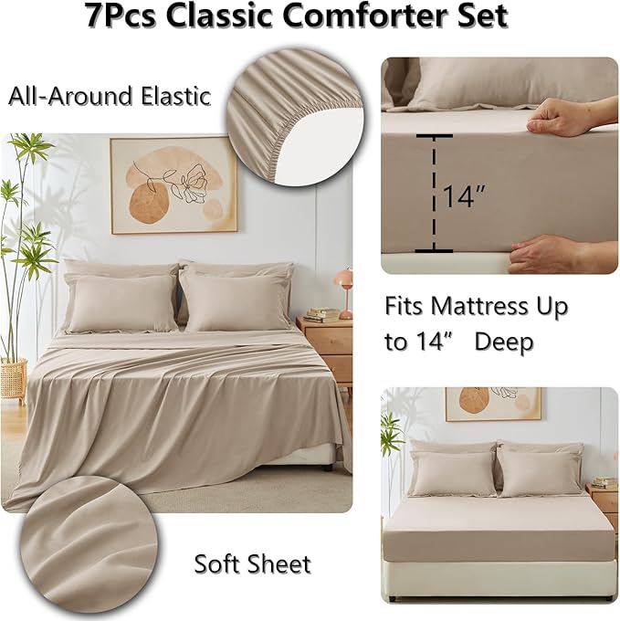 CozyLux Full Size Comforter Sets Wheat - 7 Pieces Bed in a Bag Full, Luxury Soft Bed Set for All Seasons, Bedding Set with Down Alternative Comforter, Sheets, Pillowcases & Shams
