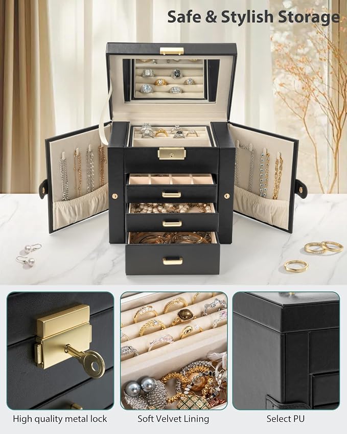 AKOZLIN 4-Tier Jewelry Box Leather Jewelry Storage Organizer with 3 Drawers Lockable for Women Girls Ring Necklace Earring Bracelet Holder with Mirror Black - Image 6