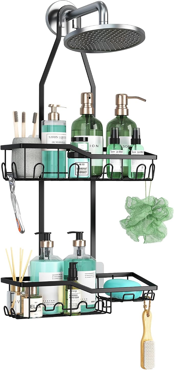 Shower Caddy Hanging,Rustproof Anti-Swing Shower Organizer,2 Tier Hanging Bathroom Caddy Anti-swing and Non-slip,Bathroom Organizer with 18 Hooks for Razor/Sponge by Silub
