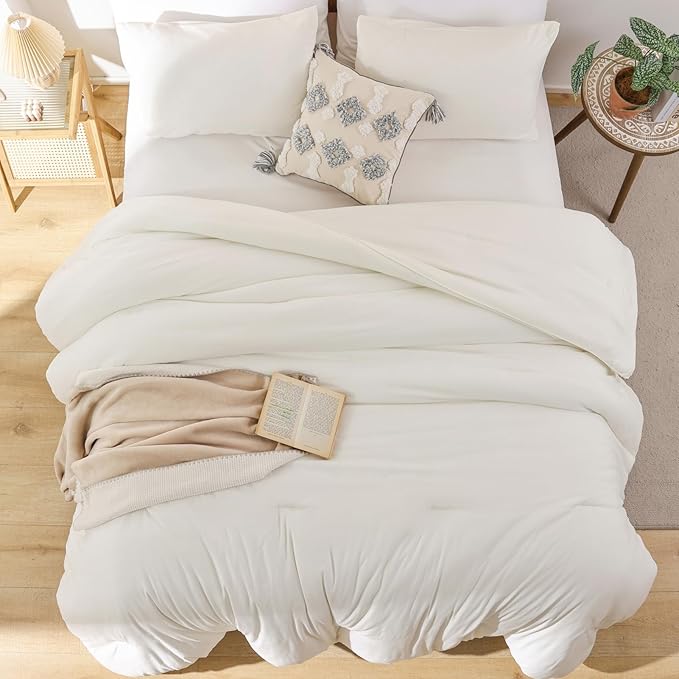ROSGONIA King Size Comforter Set Ivory, 3pcs (1 Boho Comforter & 2 Pillowcases) All Season Bedding Soft Lightweight Bedspread Cozy Blanket Quilt