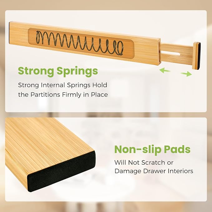 Fyvva Drawer Divider, Adjustable Bamboo Kitchen Drawer Organizer, Spring Loaded Drawer Organizer, Dresser Separators for Kitchen, Bathroom, Clothes, Office Desk Storage (Natural, 4 Pack Large) - Image 3