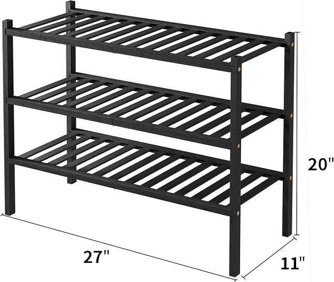 ROMGUAR CRAFT 3 Tier Bamboo Shoe Rack for Closet Free Standing Wood Shoe Shelf Storage Organizer for Entryway Small Space Stackable 27"x11"x20" (Black) - Image 3