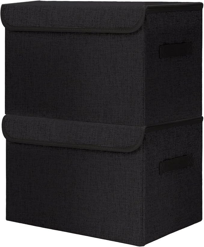 Bagnizer Large 42 Quarts Fabric Storage Bins with Lids [2-Pack] Linen Collapsible Foldable Storage Cubes, Closet Organizer Containers boxes with Handles for Home Office (16.7 x 12 x 12, Black) by Bagnizer