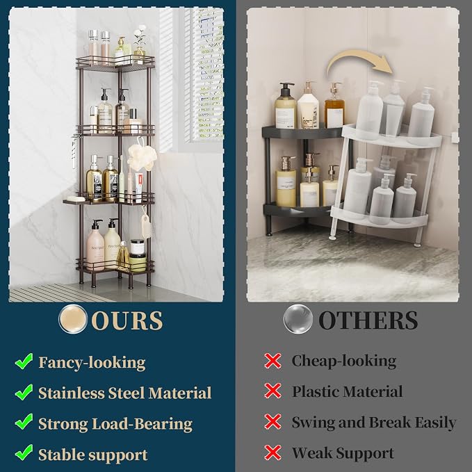Consumest Corner Shower Caddy Standing - 4-Tier Stainless Steel Shower Organizer with Soap Holder and 4 Hooks, Large Capacity Corner Shelf Stand for Bathroom, Rest Room, Bronze - Image 2