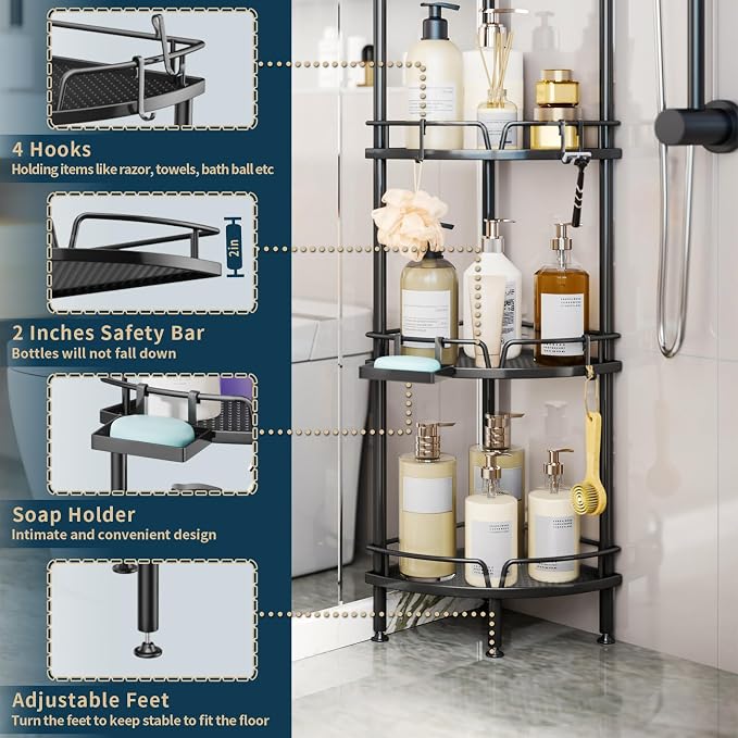 Consumest Corner Shower Caddy Stand - 4 Tier Shower Organizer with Soap Holder, Tall Floor Corner Shelf Standing with Adjustable Feet & 4 Hooks, Storage Rack for Bathroom Black - Image 4
