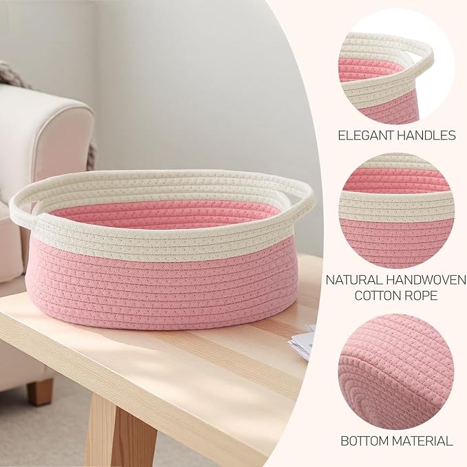 JMvicyroam Woven Basket,Small Rope Storage Bin with Handles & Ribbon Bag, Organizer for Shelves Closets,Gift Basket Empty for Birthday,Books,Dog Toys, White&Pink/3 Pack - Image 3