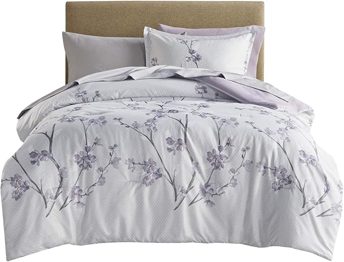 Comfort Spaces Bed in A Bag - Trendy Casual Design Cozy Comforter with Complete Sheet Set with Side Pocket, All Season Cover, Matching Shams Twin XL(66 in x 90 in), Kate, Grey/Purple 6 Piece