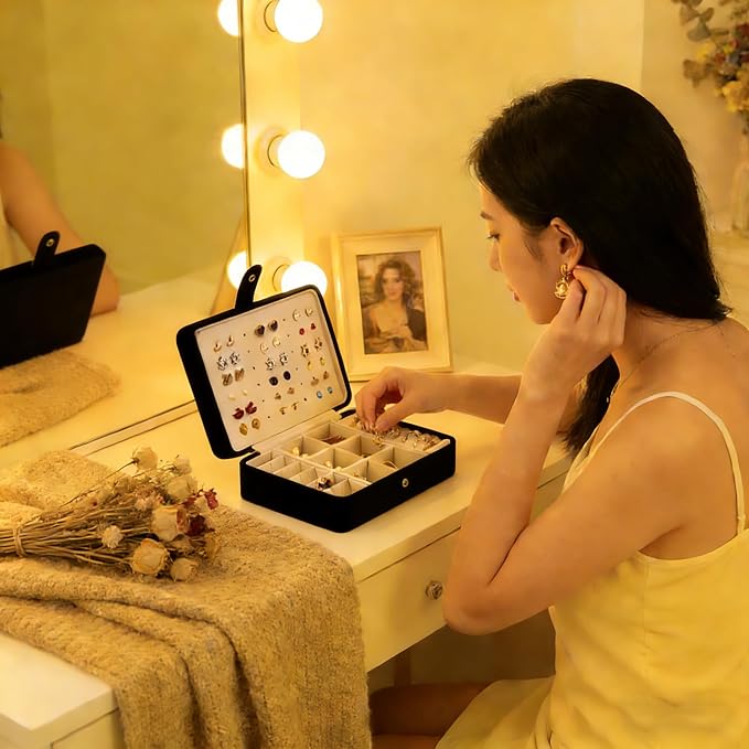 QBestry All-in-One Travel Jewelry Organizer for Women Black | Small Jewelry Box with 68 Earring Holes | Compact Portable Jewelry Case for Earrings, Rings, Necklaces | Perfect Gifts for Mom Wife Girls - Image 8