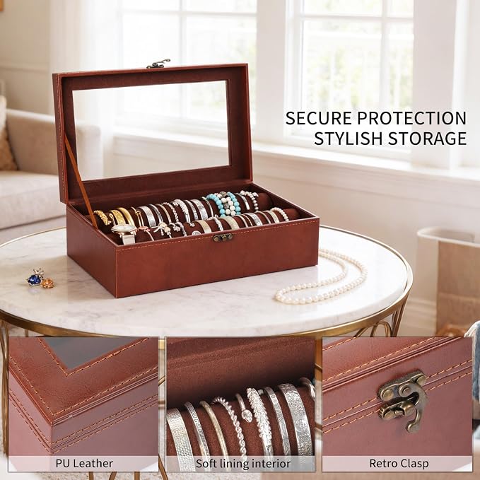 AUTOARK Bracelet & Watch Storage Box with Glass Lid & 2 Anti-Roll Rods,PU Leather Jewelry Case,Soft Lined Locking Organizer for Women,Gift for Dresser & Cabinet Display,Coffee,MKAW143 - Image 3